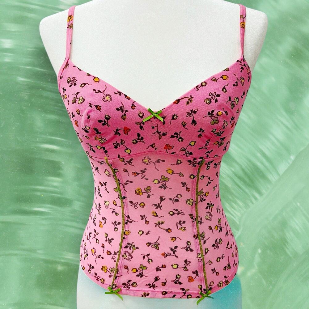 Y2K Vintage Betsey Johnson EUC Pink Floral Mesh Bustier Corset Top SJ